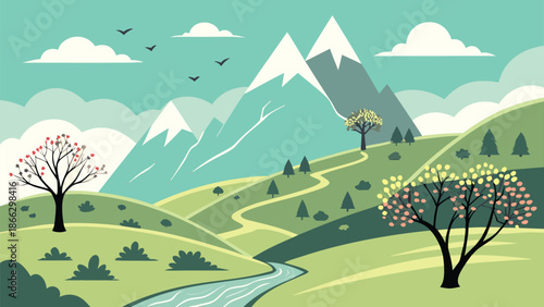 Stylized illustration of a serene natural landscape featuring snow-capped mountains, green rolling hills, and a winding river under a teal sky Vector