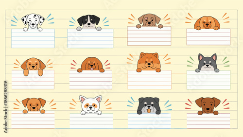 Grid of twelve different dog breeds looking over rectangular white frames with colorful accent lines on a yellow background.