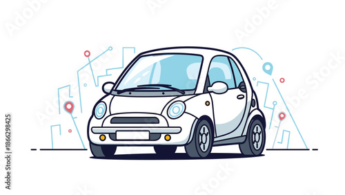 Stylized white compact car illustration depicted on a city road with map pins and urban skyline outlines in the background.
