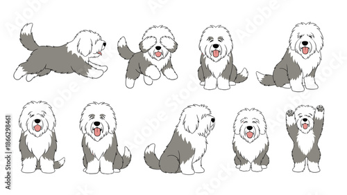 Playful collection of Old English Sheepdog characters in various poses including running, sitting, and hiding their eyes.