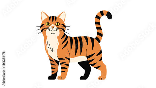 Friendly orange tabby cat with dark stripes stands alert with its tail raised in this vibrant digital animal character.
