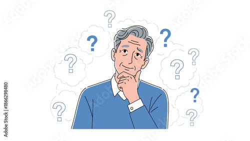 Senior man with grey hair holding his chin in thought while surrounded by multiple floating question mark symbols.