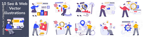 Seo and Web editable flat illustrations set. Editable stroke, vector illustrations.