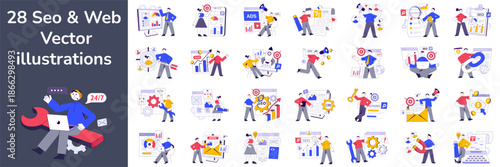 Seo editable flat illustrations set. Editable stroke, vector illustrations.