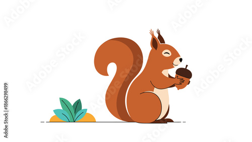 Cute brown squirrel with a bushy tail sits happily on the ground while holding a large acorn in its paws for a snack.
