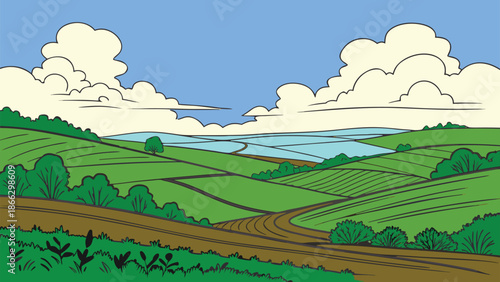 A vibrant illustration of a peaceful countryside landscape featuring rolling green hills and cultivated fields beneath a bright blue sky Vector