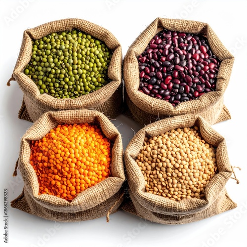 Four burlap sacks filled with various dried legumes, overhead shot