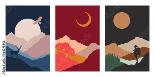 Hiking posters, travel adventure postcard with mountains, sun and moon. Travel concept of discovering, exploring, observing nature. Adventure. Minimalist graphic. Deer, traveler, falcon, night scene