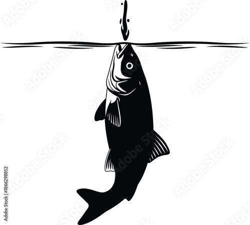Fish caught on a fishing line breaking water surface illustration