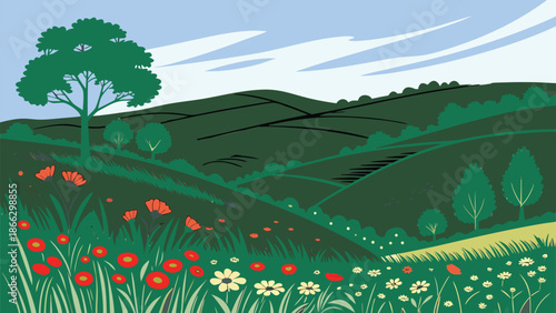 A peaceful illustration of rolling green hills covered in blooming wildflowers under a partly cloudy sky Vector