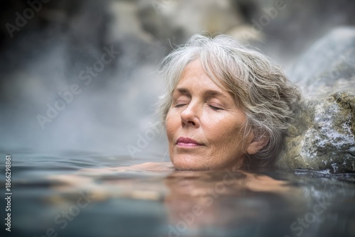 Senior Woman Relaxing in Hot Spring for Wellness and Tranquility Outdoors.