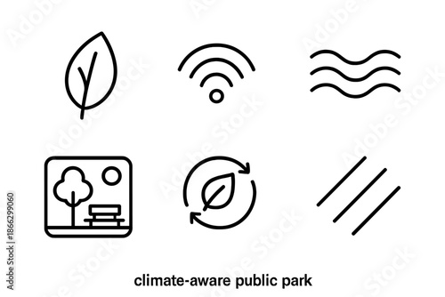 Climate-Aware Park Icons. Line vector icons of climate-aware public park: leaf icon, sensor arc, climate wave, park frame, eco