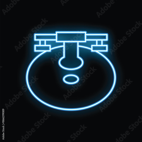 Glowing blue neon icon of industrial water reservoir with pipelines and control valves on black background