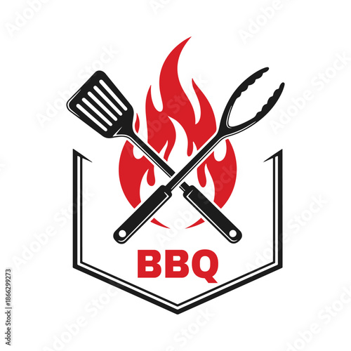 B Q with grill tools and flames in a hexagon shape spatula tongs