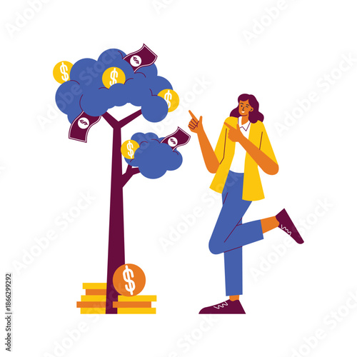 Woman harvesting money from a tree symbolizing financial growth and investment success.