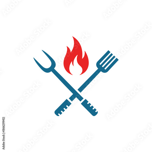 Blue barbecue fork and tongs crossed with red flame in the center