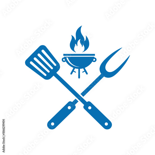 Blue grilling utensils crossed with a barbecue grill and flames spatula tongs