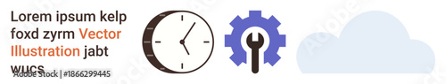 Time management, technology, cloud storage, productivity tools, innovation, collaboration. A clock, gear and cloud icon in a row. Time management and technology concepts