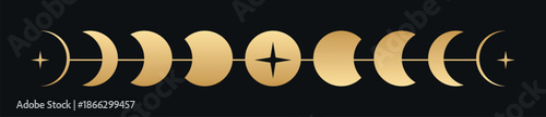 Gold moon phases celestial design with star accents on black background, elegant mystical vector illustration of lunar cycle, spiritual boho aesthetic, moon phase ornament, cosmic alignment concept