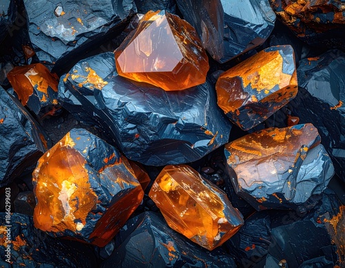 Close-up of orange crystals atop black obsidian stones