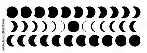 Black moon crescent silhouettes collection with various lunar phase shapes arranged in grid pattern on transparent background minimal spiritual mystical astronomy for printing tattoos stickers decor