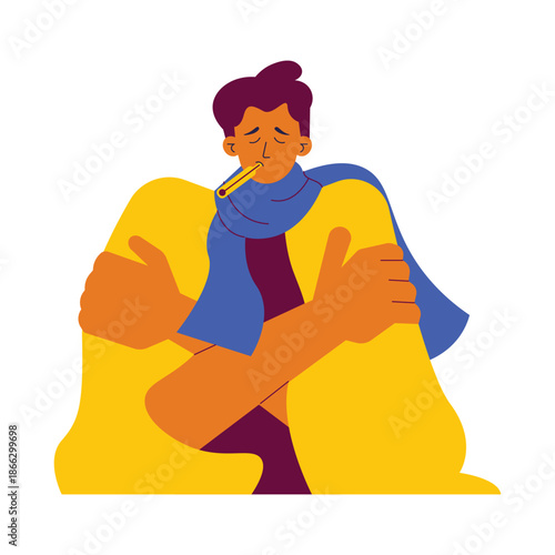 Unwell Person with Thermometer and Blanket Feeling Sick and Cold.