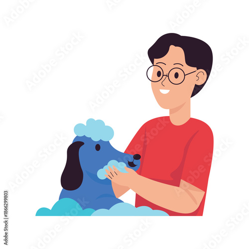 Young Person Washing a Dog with Soap Bubbles.