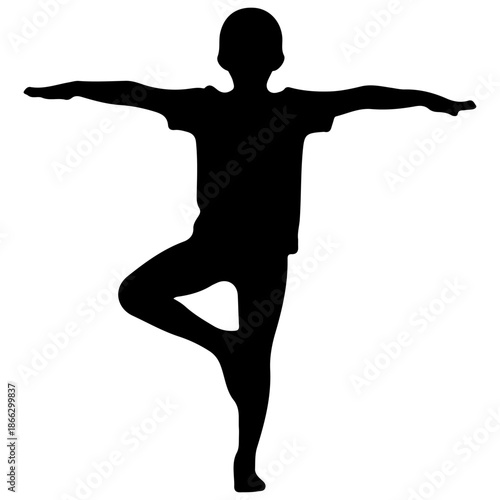 Silhouette of a child performing a yoga pose, tree pose.