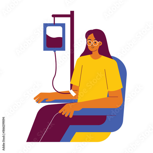 Young woman donating blood for medical transfusion process.