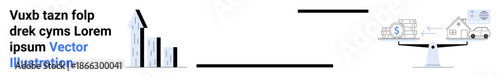Financial management, economic growth, budget planning, home loans, wealth balance, savings strategy. Bar graphs and a scale weighing housing and savings. Financial management and economic growth