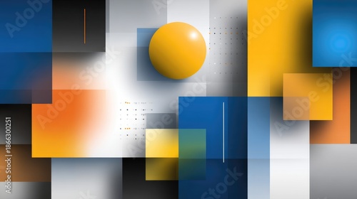 Abstract geometric composition featuring colorful shapes and soft gradients in vibrant hues of blue, orange, yellow, and gray representing modern design elements
