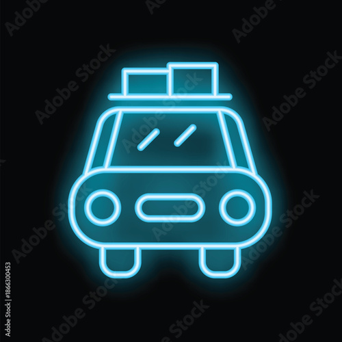 Blue neon icon of a car carrying luggage on its roof, symbolizing travel and tourism