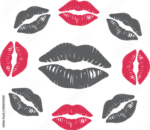 Circular set of red and grey lipstick kiss prints isolated on white background for fashion and beauty design vector