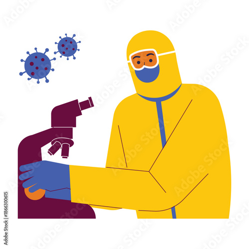 Scientist in Hazmat Suit Working with Microscope on Virus Research.