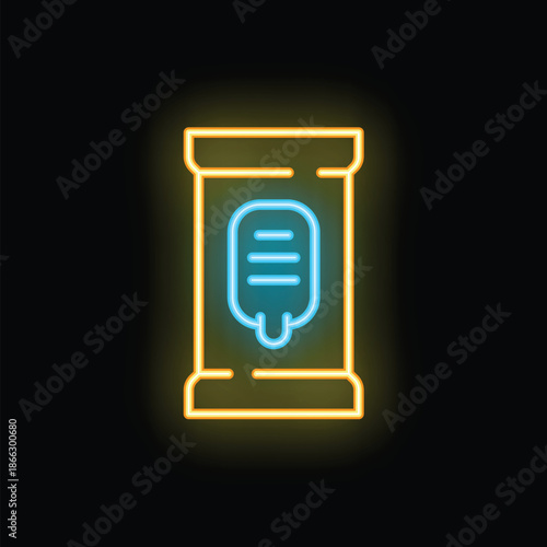 Glowing neon line intravenous infusion bag icon isolated on black background. Medical icon. Vector illustration