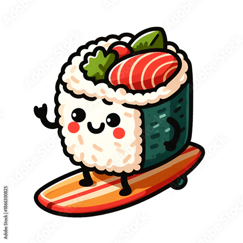 Cute Sushi Roll Character Riding Skateboard with Happy Expression