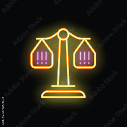 Neon sign representing scales showing balance with exclamation marks on each side, in purple and yellow, on a black background