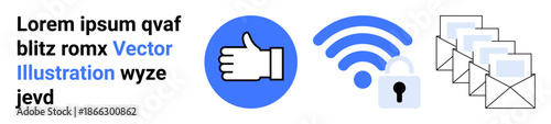 Digital security, wireless communication, email management, data protection, online connectivity, content approval. Thumbs up icon, wireless lock multiple email envelopes. Digital security