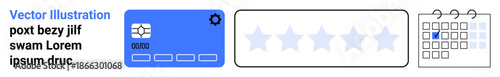 Finance, business management, customer feedback, scheduling, online services, productivity tools. A credit card, rating stars and calendar icons displayed. Finance and business management concepts
