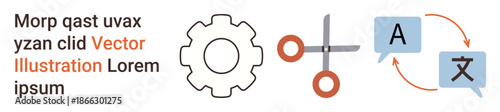 Workflow management, collaboration, machinery, translation services, multilingual communication, tools. Gear, scissors and language exchange icons. Workflow management and collaboration concepts