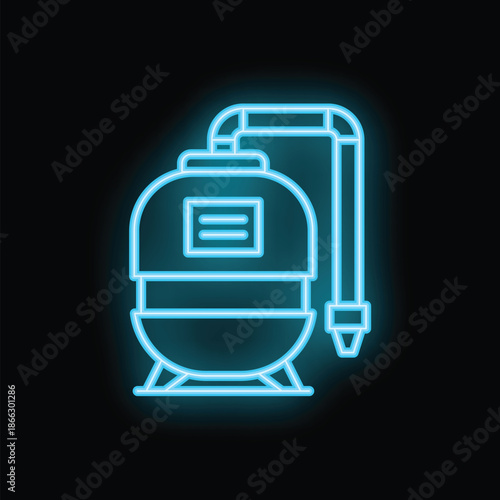 Glowing blue neon icon of a water heater, providing hot water for heating systems