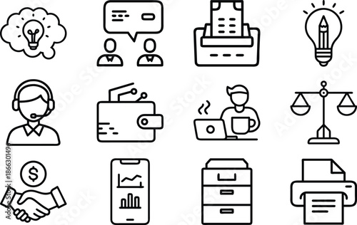 Business and Finance Line Art Icon Set, Payment Analytics Delivery Security and E-commerce Outline Icons Collection, Minimal Black and White Vector Symbols for UI UX Apps Websites and Corporate Design