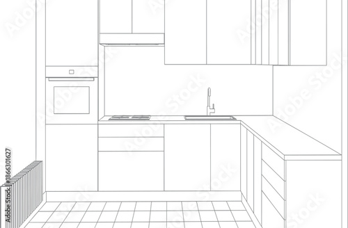Modern kitchen interior design with minimalist cabinets and built in appliances line art vector illustration