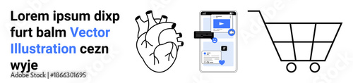 E-commerce, online shopping, digital platforms, medical education, anatomy learning, technology illustration. Anatomical heart, mobile e-commerce interface shopping cart. E-commerce and online
