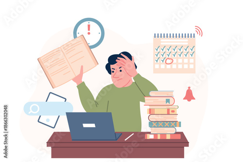 Student scared exam. Male character preparation to exametation. Young man feeling frustration, aggression, stress. Reading laptop and book, recent vector concept