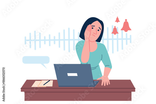 Girl scared work. Young woman frustrated, sitting with laptop and dong want working or studying. Digital stress, tired and burn out, recent vector scene