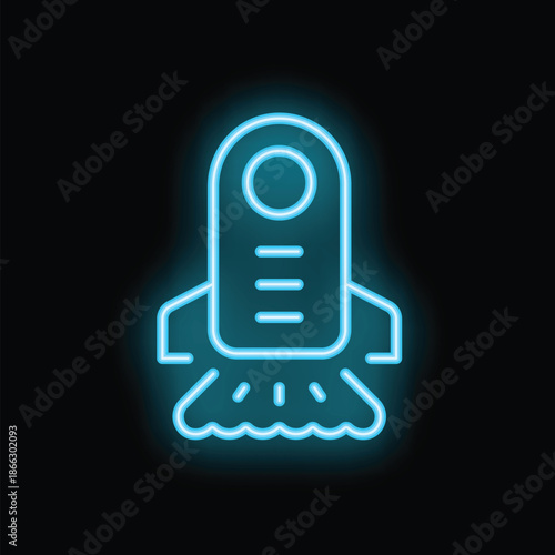 Neon blue icon of a space rocket launching upward with flames at its base