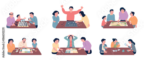 People play board games. Friends families playing chess, cards, poker, paper step by step plays. Home activities, leisure. Spend time together, recent vector scenes