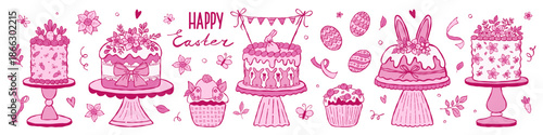 Whimsical pink Easter cakes sketch illustration set. Hand drawn ink Easter festive bakery and eggs, ribbons, cupcakes elements.