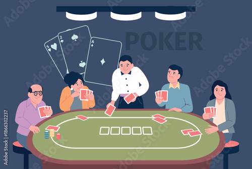 Poker players. Cards tournament evening, players at table and professional croupier. Flat cartoon casino, gambling addiction, work, recent vector scene